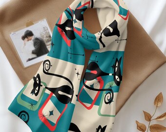 Atomic Cat Scarf: Teal Mid-century Modern Retro Fluffy Scarf - Etsy
