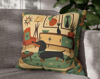 Poszewka na poduszkę z jamnikiem do salonu w stylu mid-century | Kwadratowa poszewka na poduszkę – TYLKO POSZEWKA