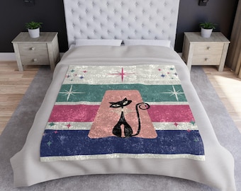 Coperta in velluto schiacciato Atomic Cat: coperta moderna di metà secolo