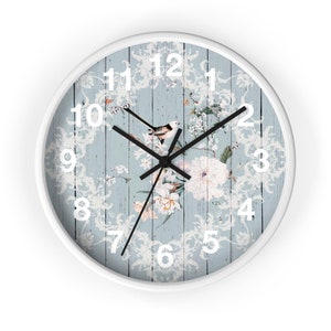 Bird blue and white &quot;woodgrain look&quot;Wall Clock, shabby chic, French vintage inspired, floral clock