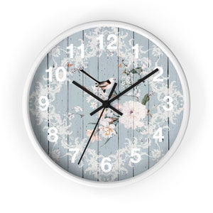 Bird blue and white "woodgrain look"Wall Clock, shabby chic, French vintage inspired, floral clock