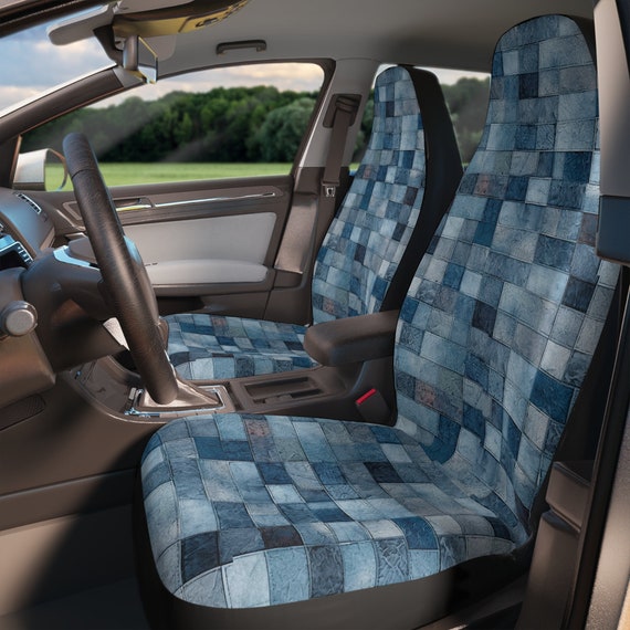 Denim Blue PRINTED LOOK Faux Patchwork Look Retro Style Car Seat Covers Front Seat Covers Vintage Inspired Design Etsy