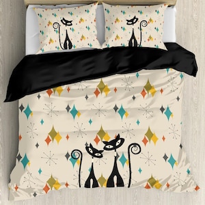 Atomic cat Franciscan starburst polyester duvet cover, retro 50s 60s kitschy, MCM bedroom decor, black cat lover
