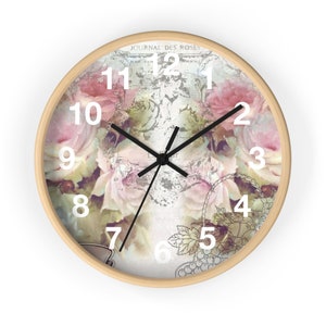 Reloj de pared con diseño floral, rosas rosas y estilo shabby chic