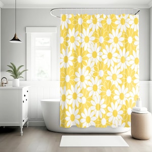 retro yellow daisy floral shower curtain, retro bath decor, vintage curtains, flower bath curtain, cute shower curtain