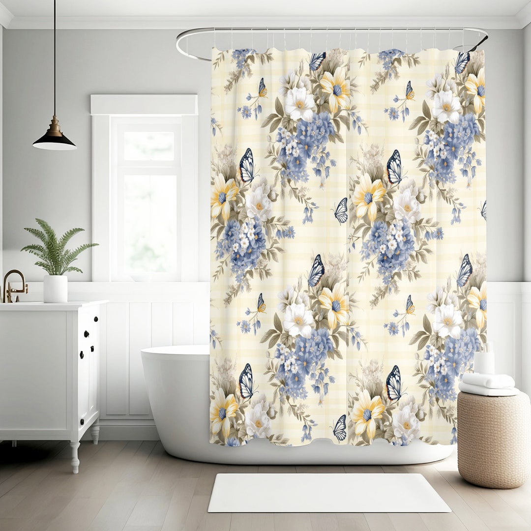 Wildflowers and Gingham Shower Curtain, Floral Bathroom Decor, Vintage