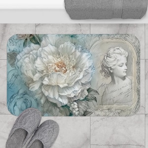 Blue and white flower shabby chic style Bath Mat, French vintage, farmhouse, country cottage, chic bathroom decor
