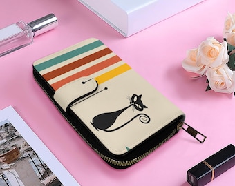 Atomic Cat Wallet: Retro Stripes, Mid Century Modern Purse