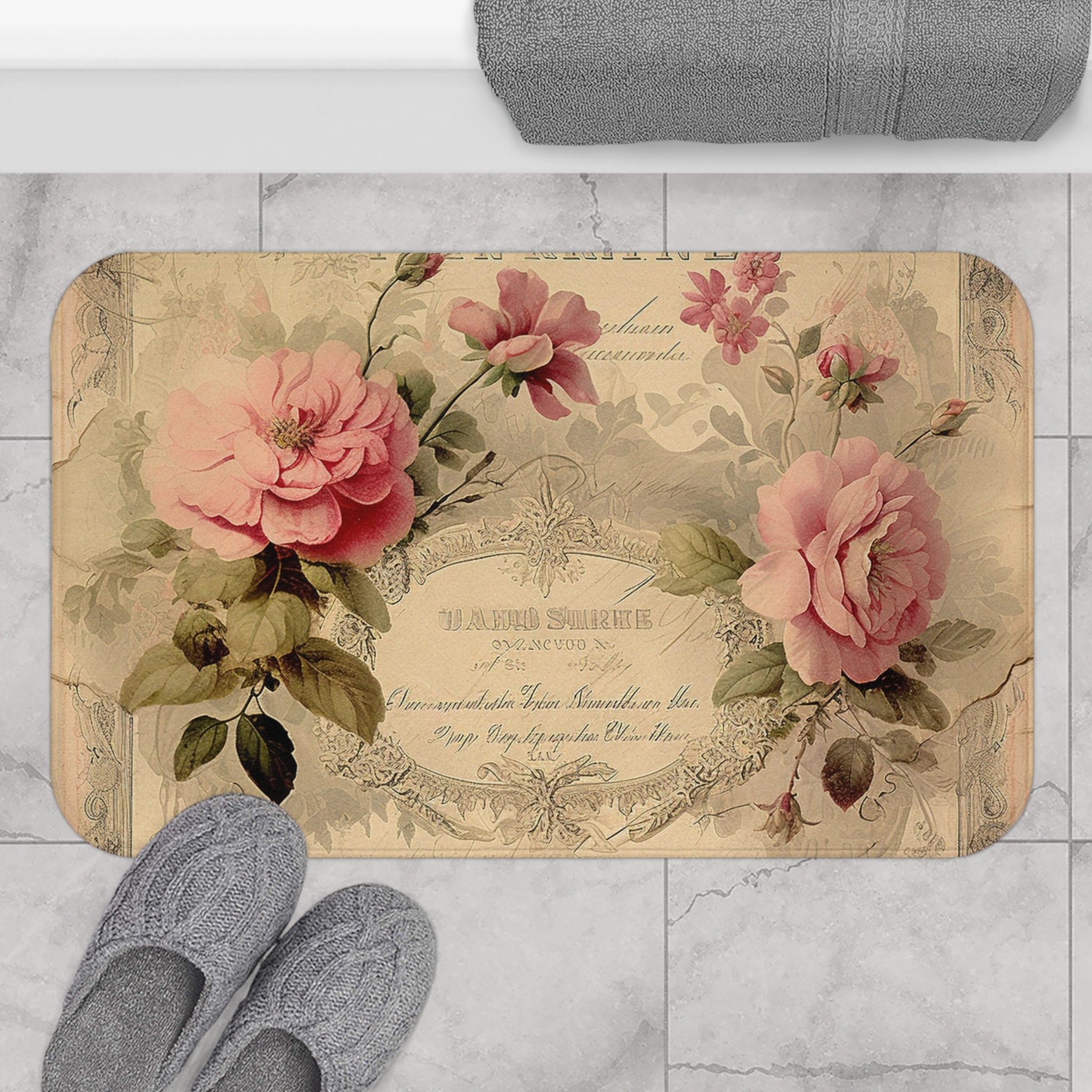 Pink Old Fashioned Roses Shabby Chic Bath Mat, Farmhouse Decor, Nonslip Bathmat, Country