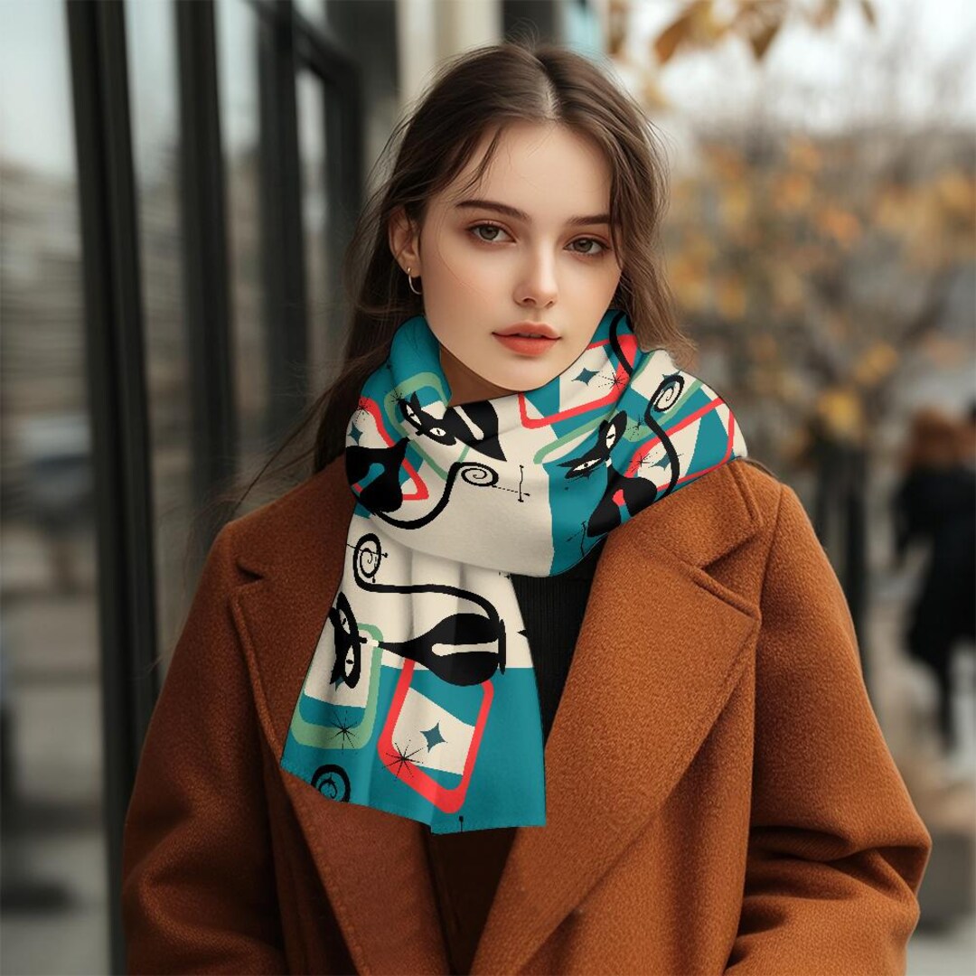 Atomic Cat Scarf: Teal Mid-century Modern Retro Fluffy Scarf - Etsy