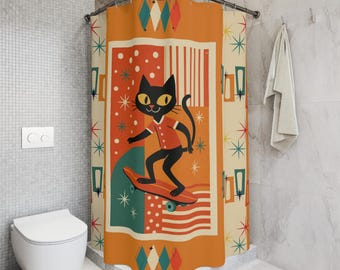 Retro Cat Skateboarding Shower Curtain: Mid-Century Bathroom Decor