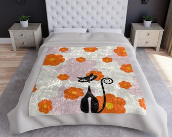 Coperta in velluto schiacciato Atomic Cat: coperta in stile moderno di metà secolo