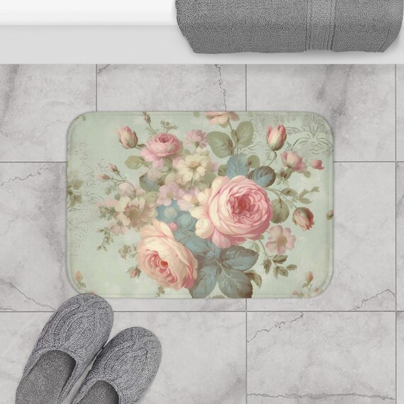 Victorian Rose Bath Rugs Pink Bohemian Roses Floral Vintage Peacock