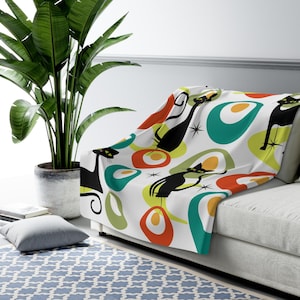 MCM boomerangs and circles Atomic cat Sherpa Fleece Blanket, retro throw rug, Mid Century Modern, couch bed coy soft blanket