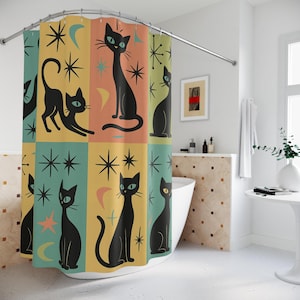 Cortina de chuveiro Atomic Cat MCM - Decoração retrô para banheiro, presente para amantes de gatos pretos, acessório divertido para casa, estilo moderno de meados do século