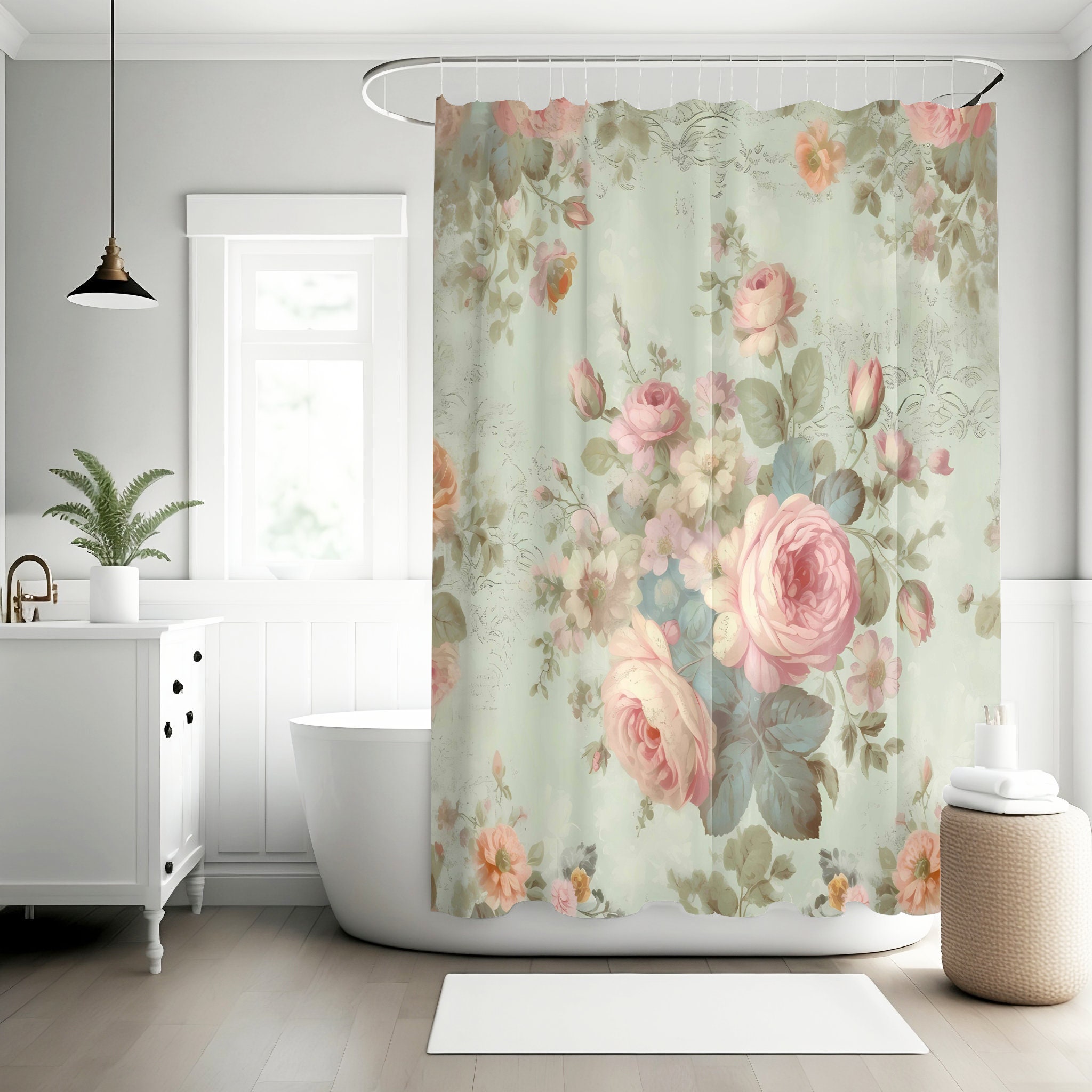 Bold Pink Roses Shabby Chic Shower Curtain, Vintage Curtains, Vintage