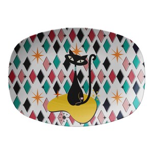 Atomic cat diamond and starburst platter, mid mod dining, retro serving plate, black cat lover gift, Mid Century Modern, dinnerware
