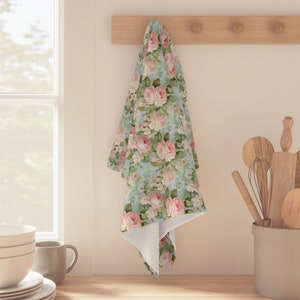 Delicate pink rose shabby chic style Microfiber Tea Towel, farmhouse, country cottage, floral kitchen towel