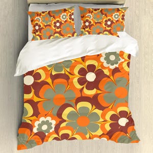 Retro Groovy flowers polyester duvet cover, floral bedding, hippie, 60s 70s inspired, nostalgic bed cover set