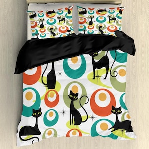 Atomic cat boomerangs and circles polyester duvet cover, Mid century modern, retro inspired, 50s 60s, black cat lover bed cover set