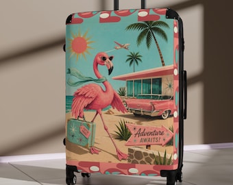 Maleta con estampado de viaje vintage y flamencos volando estilo retro de mediados de siglo en la playa / Estampado de viaje vintage