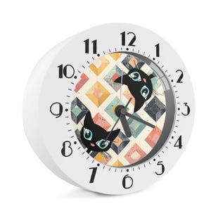 Atomic cat retro Alarm clock, Mid Century Modern, 50s 60s vintage inspired, bedside, desk or wall, black cat lover gift
