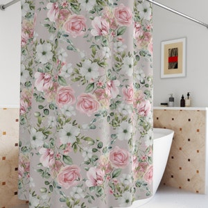 Cortina de ducha de estilo shabby chic con rosas rosas y flores blancas, de inspiración vintage francesa, estilo rústico, decoración de cabañas, cortina de ducha para cabina de ducha
