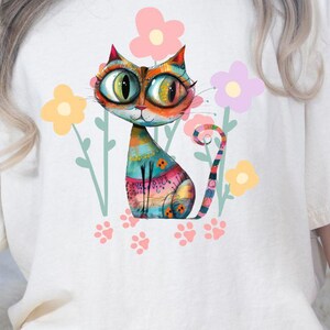Cat Art Shirt, Colorful cat tee, Cat Mom Shirt, Positive Vibes, Vibrant Apparel, Cat lover Gift, wildflowers Floral Boho Chic, Cottage Core