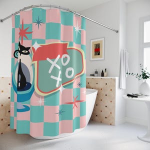 Cortina de chuveiro retrô com estampa de gato atômico - Decoração de banheiro estilo vintage, presente divertido para amantes de gatos pretos, decoração exclusiva para casa, pronta para as festas