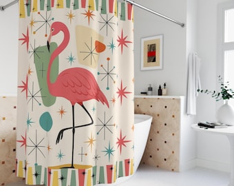 Rideau de douche flamant rose MCM : décoration de salle de bain tropicale rétro