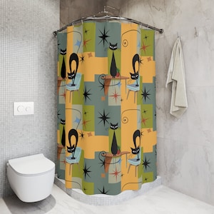 Cortina de chuveiro retrô com arte de gato atômico, banheiro MCM, moderno de meados do século, presente para amantes de gatos pretos, banheira, cortina de chuveiro com box