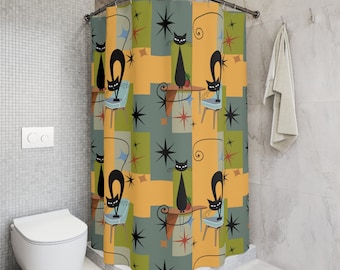 Atomic Cat Art Shower Curtain: Mid-Century Modern Bathroom Decor