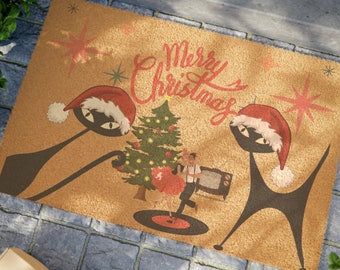 Paillasson chat atomique Joyeux Noël, paillasson d&#39;inspiration rétro, moderne du milieu du siècle, cadeau pour amoureux des chats, paillasson de porche, Noël kitsch