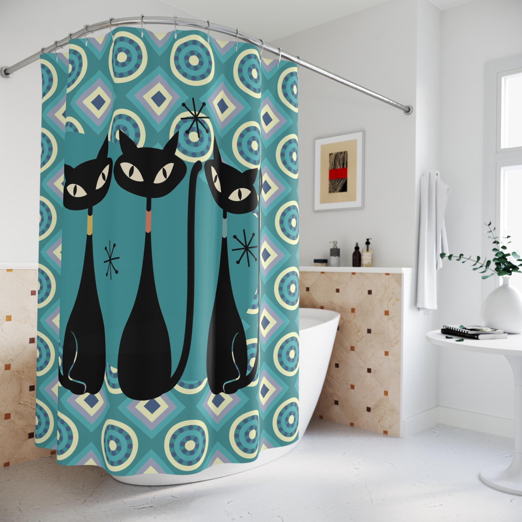 SAILOR JERRY シャワーカーテン　アメリカン雑貨 アトミックキャットのシャワーカーテン：ミッドセンチュリーモダンの