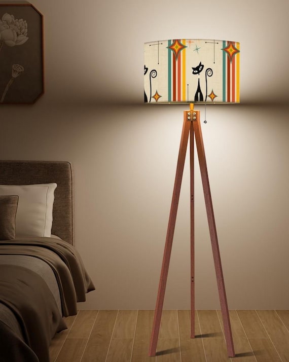 Atomic Cat Tripod Floor Lamp: Retro MCM Decor, Black Cat Lover Gift