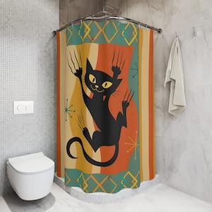 Cortina de chuveiro com estampa de gato atômico, decoração retrô para banheiro, decoração para gato preto, presente exclusivo para amantes de gatos, estilo moderno de meados do século