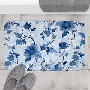 Dusky blue bathmat, shabby chic style, vintage inspired, bathroom decor, non slip, floral bath mat