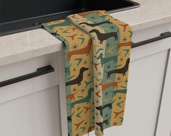 Retro Dachshund Pattern Microfiber Tea Towel | Vintage Dog Kitchen Towel
