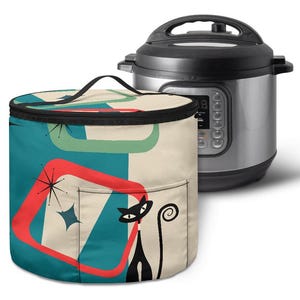 May include: A stainless steel Instant Pot stands beside a round insulated bag. The bag features a teal, cream, and red mid-century modern design, a black cat silhouette, and a pocket.