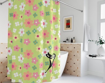 Atomic Cat Shower Curtain: Green Floral MCM Bathroom Decor