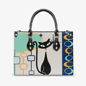 Bolso de mano de mediados de siglo con diseño de gato atómico, inspirado en los años 50 y 60, bolso de mano retro para mujer, regalo para amantes de los gatos negros