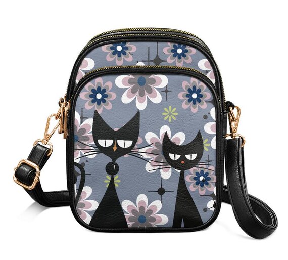 Atomic Cat Crossbody Bag: Mid-century Modern Hippie Floral PU