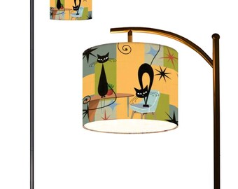 Atomic cat art Arc Floor Lamp (Made in USA), mid century modern, retro reading light, black cat lover gift