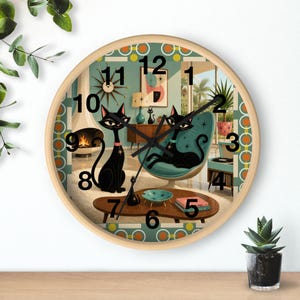 Mid Century Atomic Black Cats Wall Clock | Retro Living Room Decor