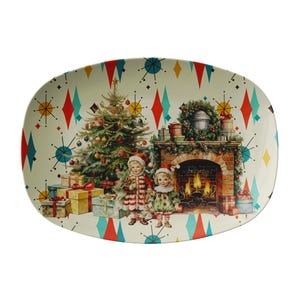 Merry Christmas platter 50s Christmas platter, Retro Franciscan Diamond Starburst Kitsch Christmas Card Art Platter, Retro Vintage plate