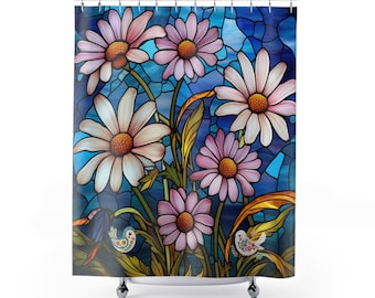 Grand rideau de douche (imprimé) aspect vitrail coloré marguerites et oiseaux, motif floral, baignoire, rideau de douche de cabine