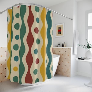 Retro teardrops Bohemian Shower Curtain, Colorful Retro Bath Decor, Unique Bathroom Accessory, Modern Home Decor, Mid Century Modern
