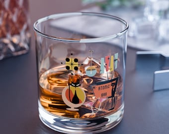 Atomic Bar retro cat Bar Glass, Mid Century Modern, MCM barware, beverage drinking glass