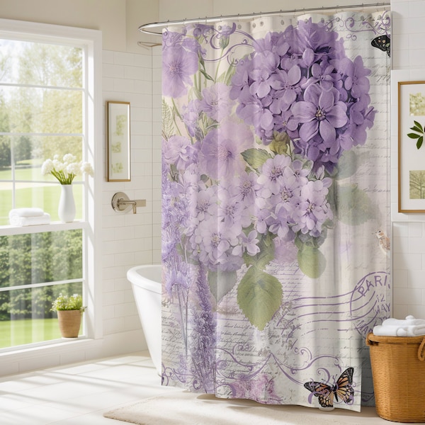 Purple lavender floral Shower Curtain, country cottage, shabby chic style, vintage inspired, bathroom decor
