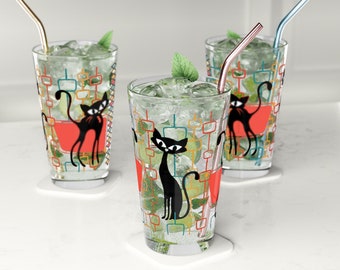 Atomic Cat-pintglas: retro modern glaswerk uit het midden van de eeuw (16 oz)